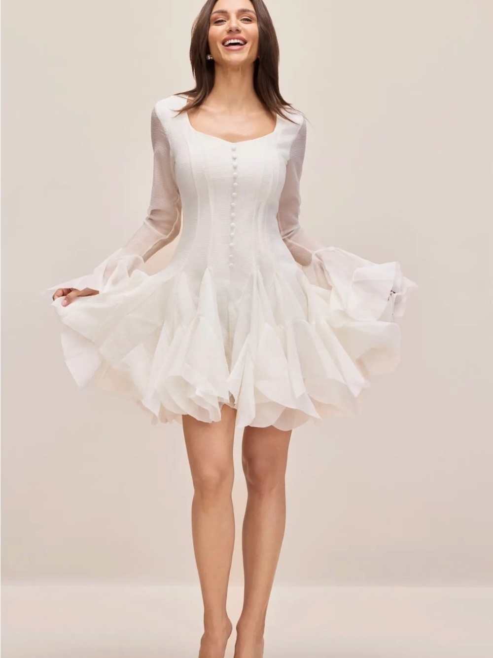 White Ruffled Long-Sleeve Mini Dress